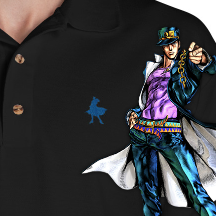 A beautifully embroidered polo featuring Jotaro Kujo doing a signature pose. 